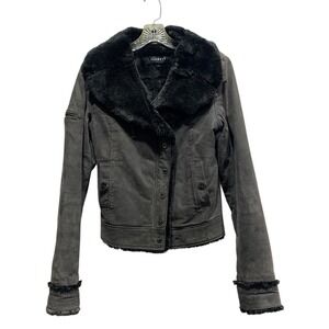 OAKWOOD The Leather Brand Women's L Gray Faux Fur Lined Faux‎ Suede Moto Jacket